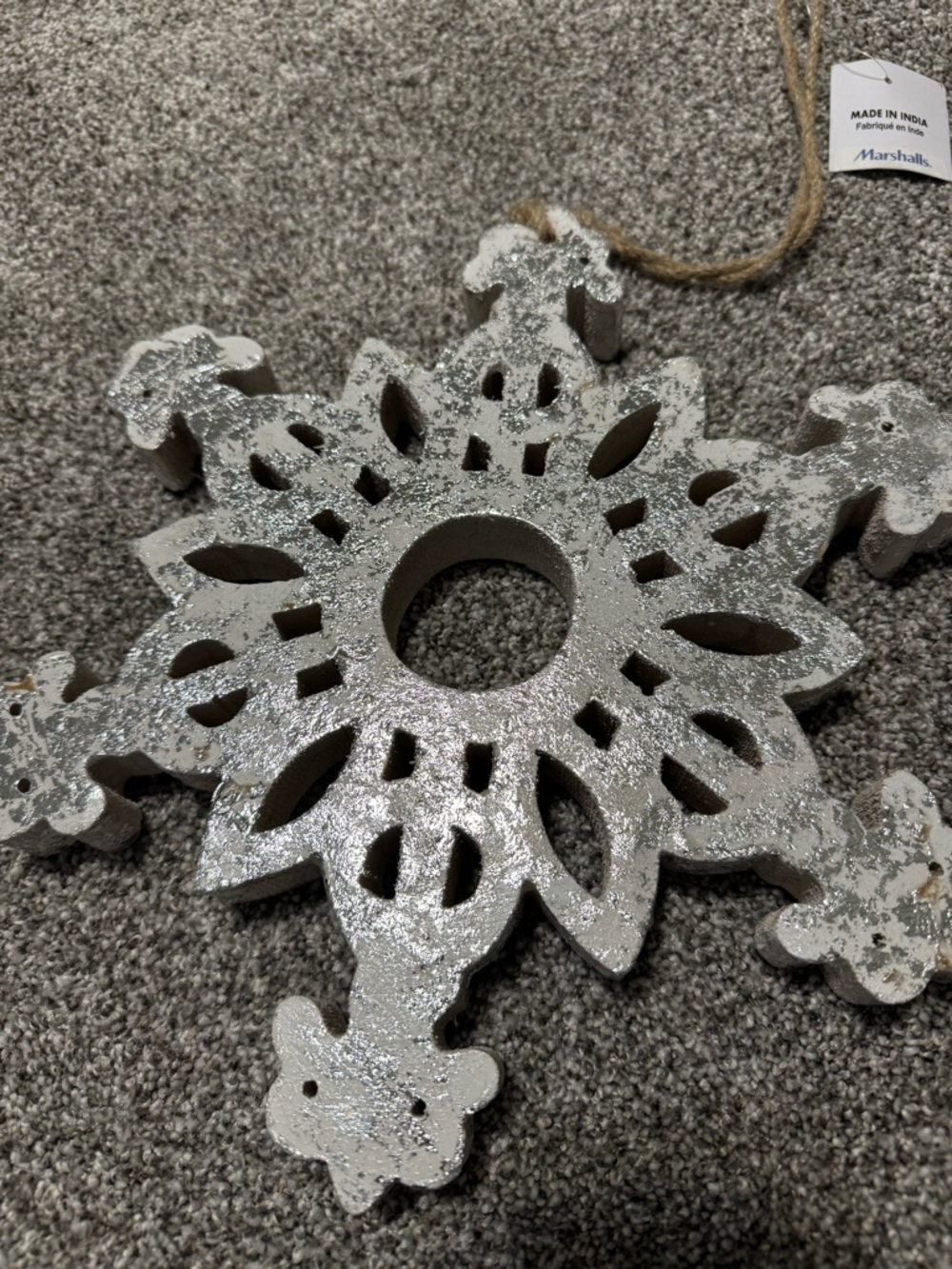 Carved Decorative Snowflake Ornament in Distressed White - Picture 2 of 5